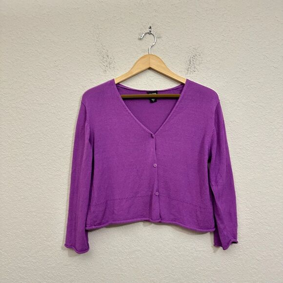 EILEEN FISHER Cropped Knit Button-Up Cardigan Rolled-Hem in Purple - Picture 1 of 10